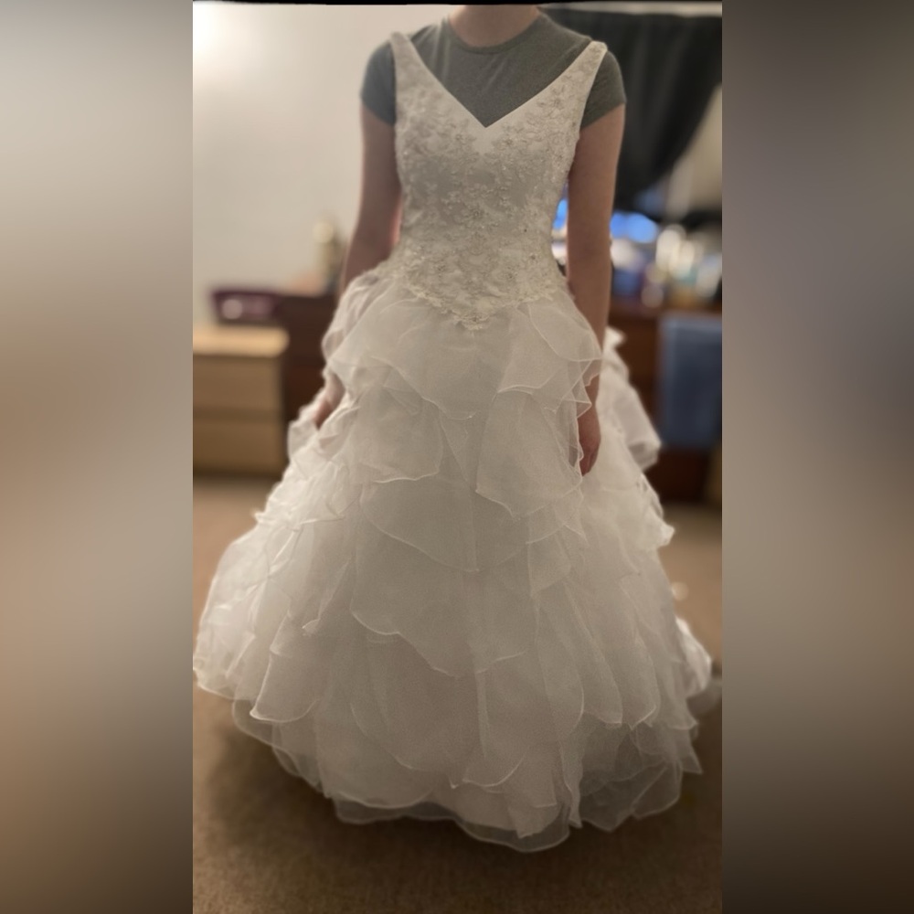David’s Bridal Ballgown Wedding Dress W/ Chapel Train, & Veil, Size 8